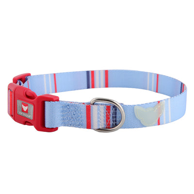 Nautical-themed dog collar by Toy Doggie, featuring soft, high-quality nylon material and a glow-in-the-dark silicone brand tag