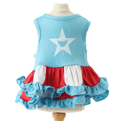 Dog dress with blue top and red and white skirt on a mannequin against a white background